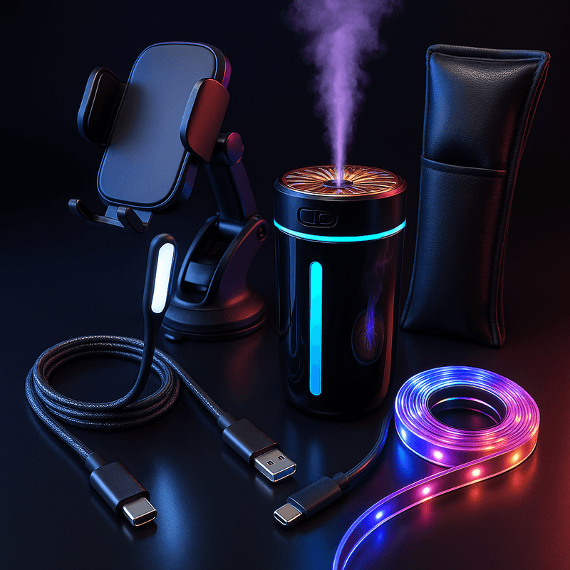Gadgets including a phone holder, USB cable, and LED strip on a dark background