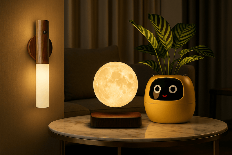 Decorative table with a moon lamp, plant, and wall sconce in a dimly lit room.