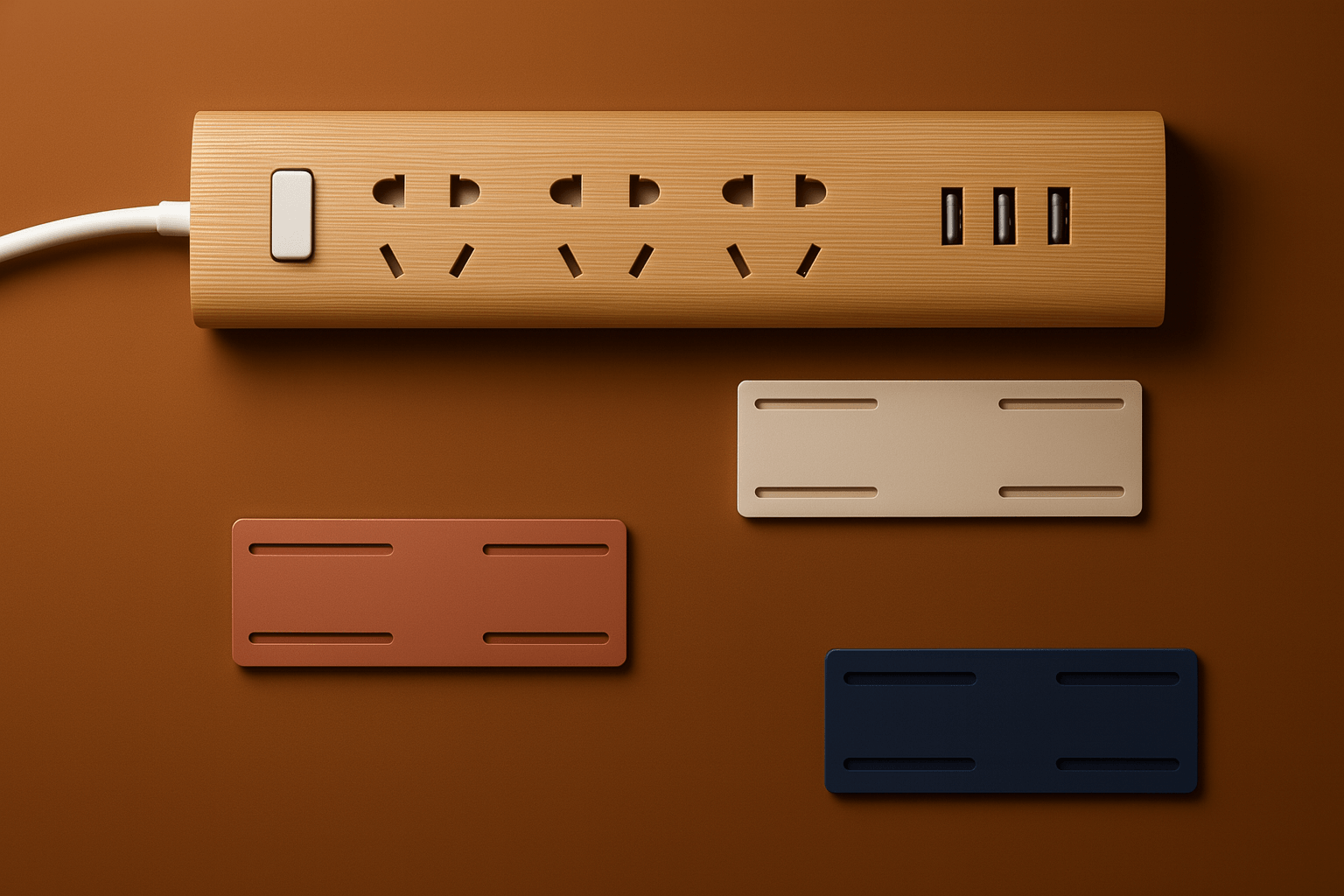 Wooden power strip with multiple outlets and USB ports on a brown background