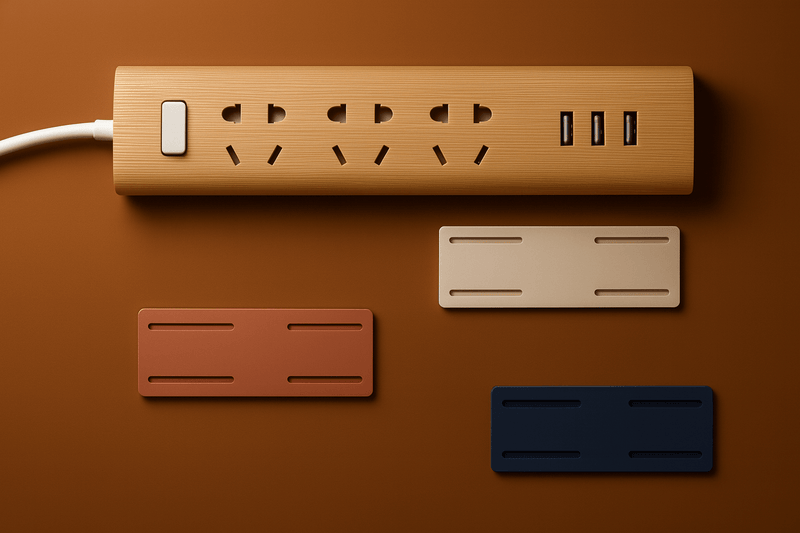 Wooden power strip with multiple outlets and USB ports on a brown background