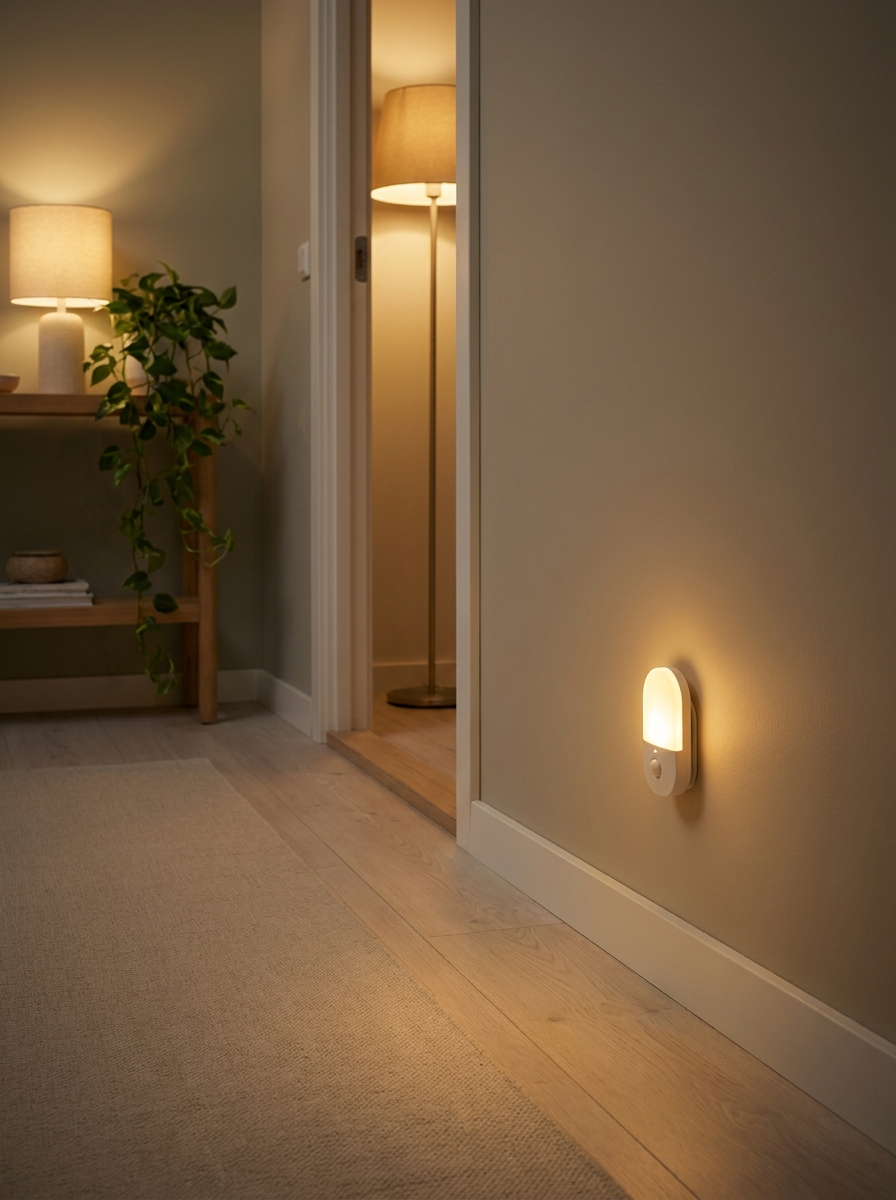Smart lighting collection – warm LED night lights and mood lamps in a modern home