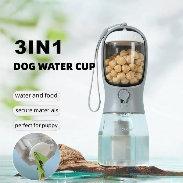 3-in-1 Pet Water Bottle – Food, Water & Waste Bag Dispenser