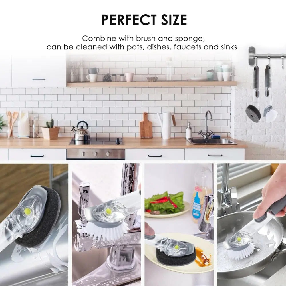Double Brush Kitchen Cleaning Brush Scrubber Dish Bowl Washing Sponge With Refill Liquid Soap Dispenser Kitchen Pot Cleaner Tool