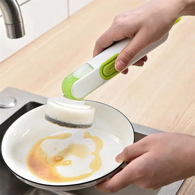 All-in-One Long-Handle Liquid-Filled Cleaning Brush with Leak-Proof Soap Dispenser – 2 Replaceable Heads for a Spotless Kitchen - Trends Zone