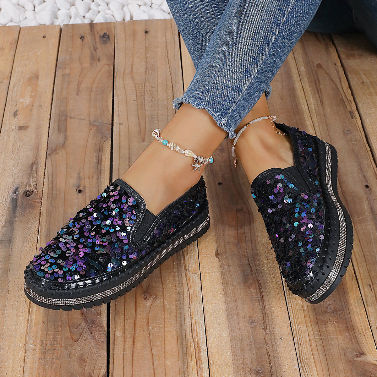 Round Toe Flat Bottom Color-blocking Sequin Oversized Shoes - Trends Zone