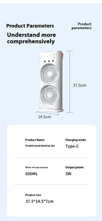 Double-Ended Portable Spray Fan | Mini Air Cooler & Humidifier with 3 Speeds & LED Light