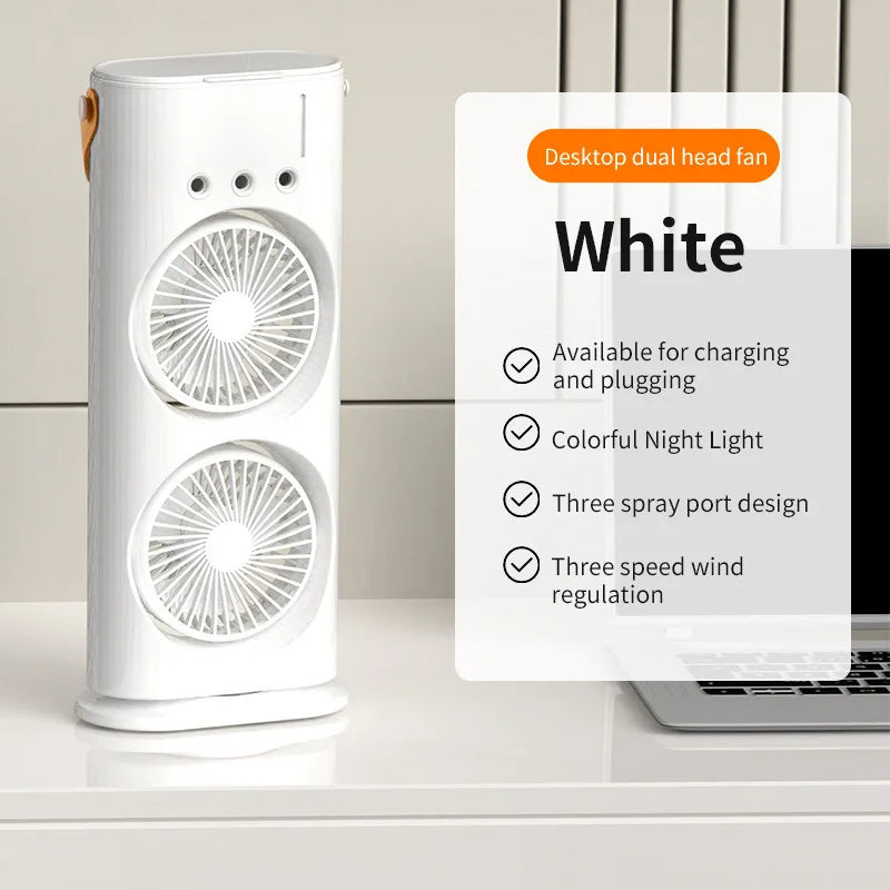 Double-Ended Portable Spray Fan | Mini Air Cooler & Humidifier with 3 Speeds & LED Light