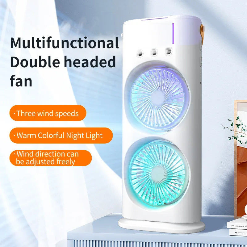 Double-Ended Portable Spray Fan | Mini Air Cooler & Humidifier with 3 Speeds & LED Light