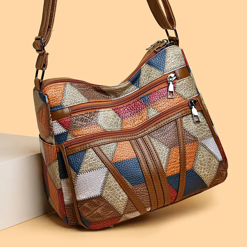 Splicing color blocking large capacity shoulder bag