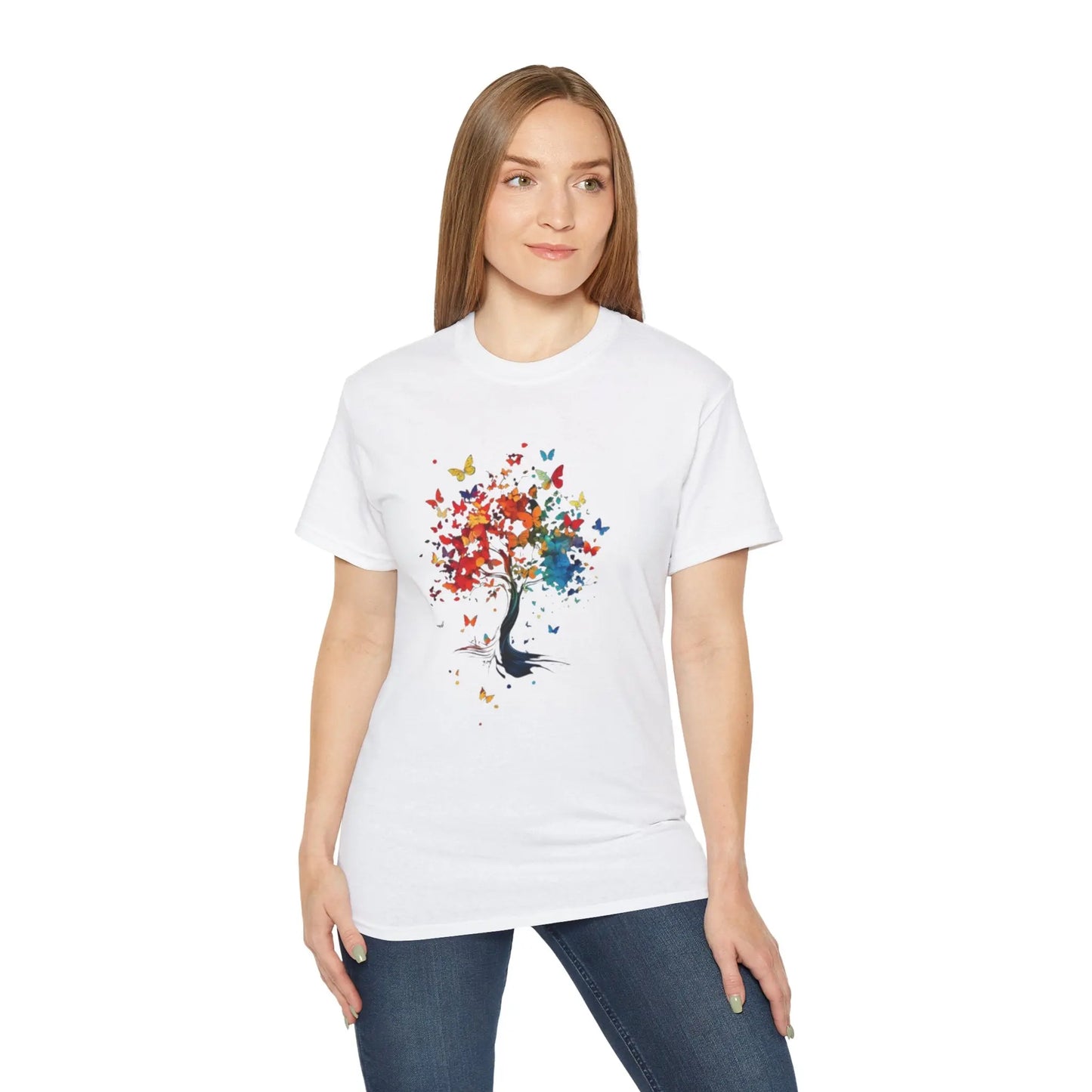 Colorful Tree and Butterfly Ultra Cotton Tee - Nature Inspired Design - Trends Zone