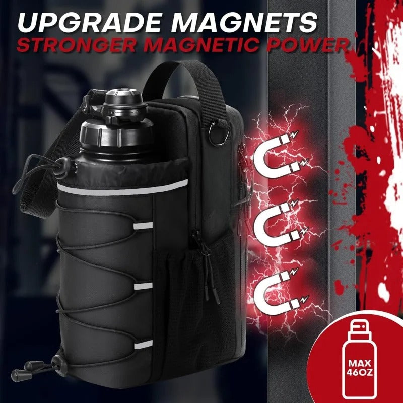 Magnetic bottle sling bag with water bottle attached