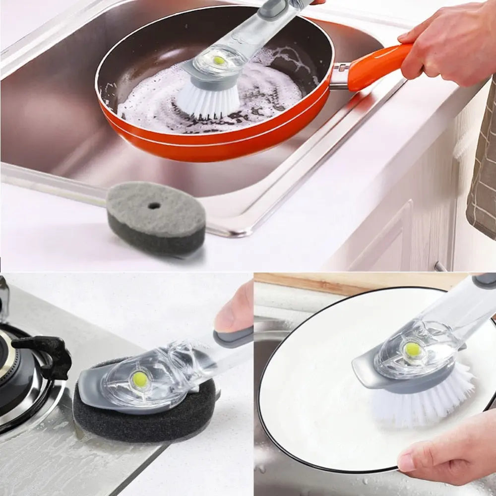 Double Brush Kitchen Cleaning Brush Scrubber Dish Bowl Washing Sponge With Refill Liquid Soap Dispenser Kitchen Pot Cleaner Tool