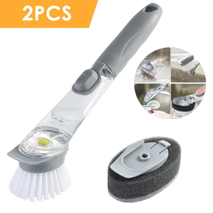 Double Brush Kitchen Cleaning Brush Scrubber Dish Bowl Washing Sponge With Refill Liquid Soap Dispenser Kitchen Pot Cleaner Tool