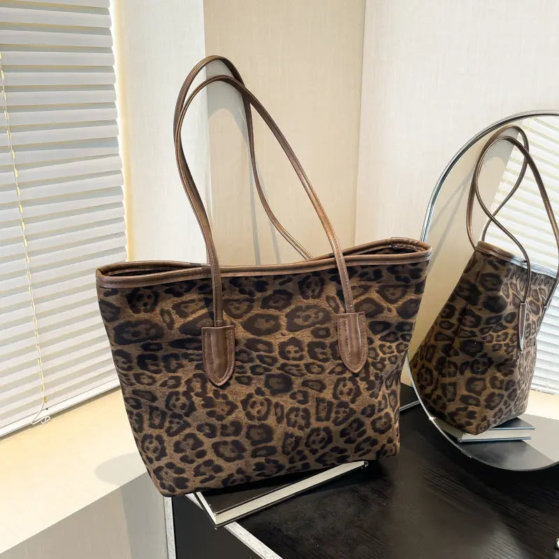 Women's Large-Capacity Fashion Shopping Tote – Leopard-Print PU Leather Shoulder & Hand Carry Bag - Trends Zone