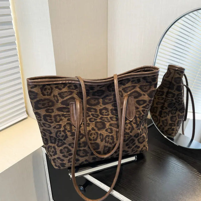 Women's Large-Capacity Fashion Shopping Tote – Leopard-Print PU Leather Shoulder & Hand Carry Bag - Trends Zone