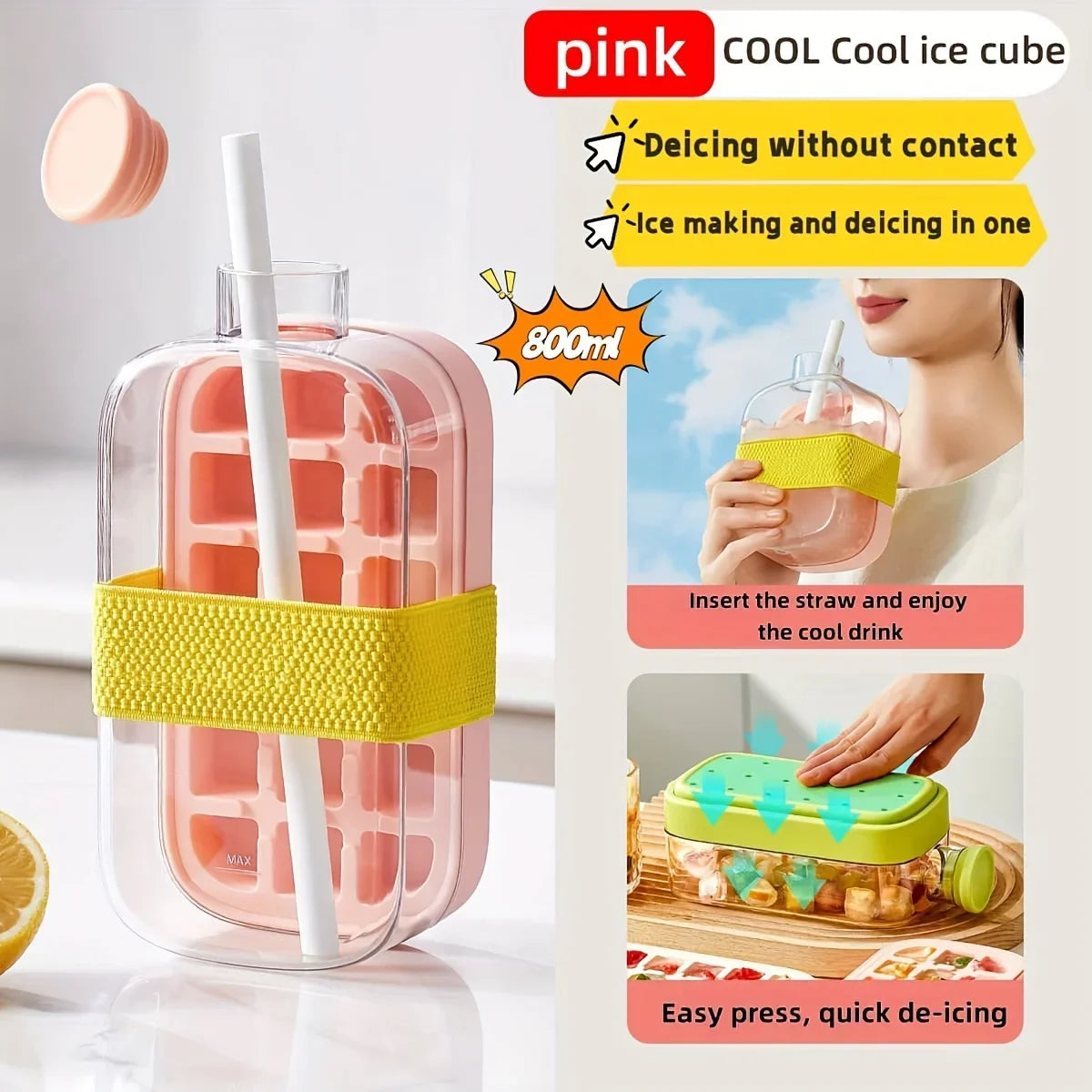 Ice Cube Tray Large Capacity Water Bottle Combo with Lid Flexible Transparent Plastic Mold