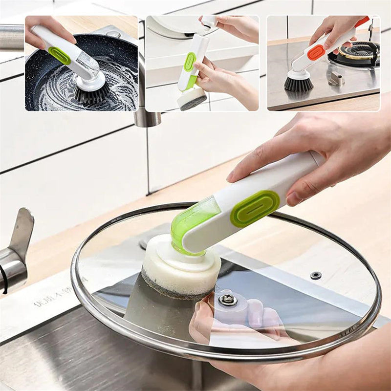 All-in-One Long-Handle Liquid-Filled Cleaning Brush with Leak-Proof Soap Dispenser – 2 Replaceable Heads for a Spotless Kitchen - Trends Zone