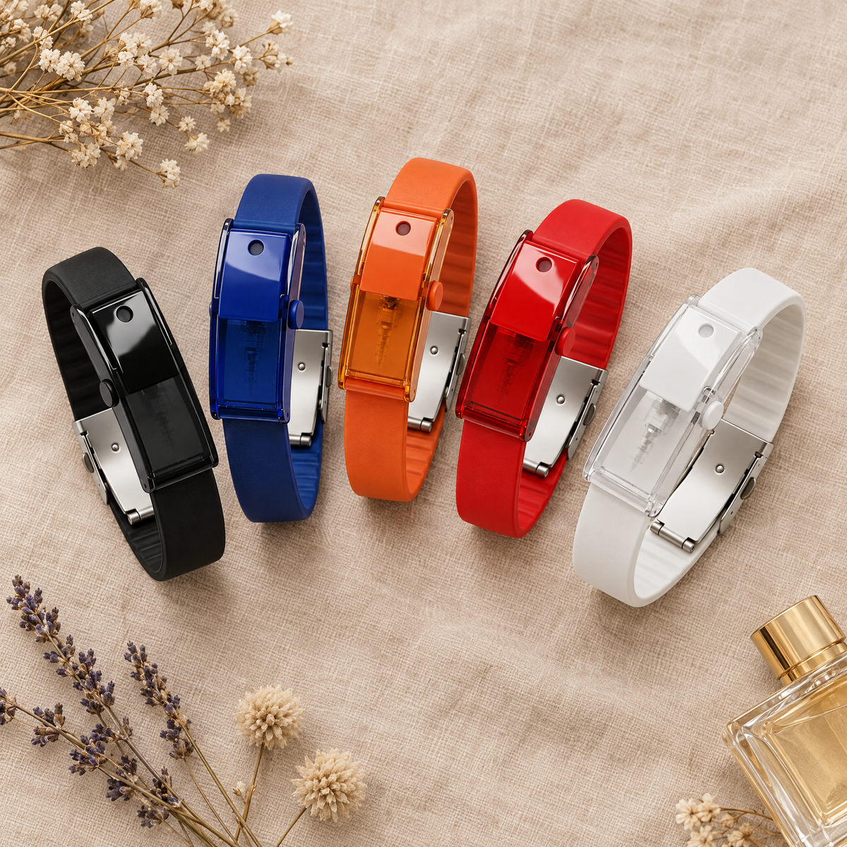 Perfume spray bracelet in black, blue, orange, red and white