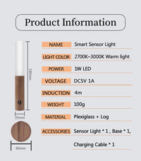 Auto LED USB Magnetic Wood Wireless Night Light Corridors Porch Lights PIR Motion Sensor Wall Light Cabinet Lamp - Trends Zone