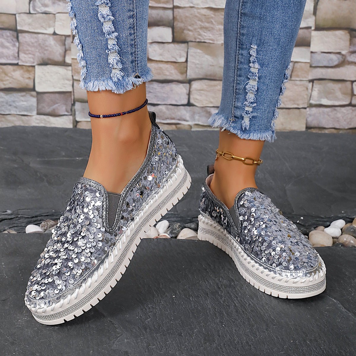 Round Toe Flat Bottom Color - blocking Sequin Oversized Shoes - Trends Zone